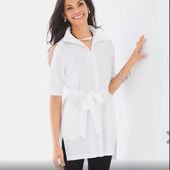 Chico’s Black Medium Lightweight Travel Cold Shoudler Tunic Button Shirt Dress - Picture 2 of 13